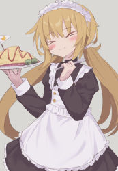 Rule 34 | &gt; &lt;, 1girl, alternate costume, apron, black dress, blonde hair, blush, closed mouth, dress, enmaided, food, grey background, hair between eyes, highres, holding, holding plate, holding spoon, kantai collection, logiclr, long sleeves, low twintails, maid, maid apron, maid headdress, omelet, omurice, plate, satsuki (kancolle), simple background, smile, solo, spoon, twintails, white apron