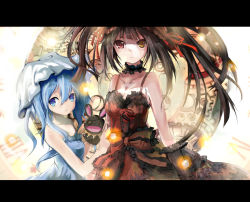 Rule 34 | 10s, 2girls, alternate color, bad id, bad pixiv id, bare shoulders, black hair, blue eyes, blue hair, bow, breasts, cleavage, clock eyes, date a live, dress, eyepatch, gears, hairband, hand puppet, hat, heterochromia, highres, letterboxed, lolita fashion, lolita hairband, long hair, looking at viewer, multiple girls, open mouth, puppet, red eyes, ribbon, roman numeral, stuffed animal, stuffed rabbit, stuffed toy, symbol-shaped pupils, tokisaki kurumi, twintails, yellow eyes, yoshino (date a live), yoshinon, zzzzxxx2010nian