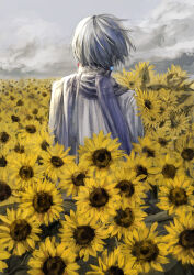 Rule 34 | 1boy, absurdres, blue hair, blue scarf, cloud, cloudy sky, coat, commentary, field, floating hair, flower, flower field, from behind, high collar, highres, ill 0619, kaito (vocaloid), male focus, scarf, short hair, sky, solo, standing, sunflower, sunflower field, symbol-only commentary, vocaloid, white coat