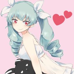 Rule 34 | 10s, 1girl, anchovy (girls und panzer), bad id, bad twitter id, black ribbon, blush, chemise, closed mouth, commentary, drill hair, from side, girls und panzer, green hair, hair ribbon, heart, highres, holding, holding stuffed toy, leaning forward, long hair, looking at viewer, pajamas, pink background, red eyes, ribbon, see-through, simple background, smile, solo, stuffed animal, stuffed rabbit, stuffed toy, twin drills, twintails, white ribbon, zarameru (tsukumo)