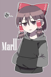 Rule 34 | 1girl, aaaa (aaaa480), blush, bow, brown eyes, brown hair, character name, commentary request, cookie (touhou), cropped torso, earrings, flat chest, frilled bow, frilled hair tubes, frills, grey background, grey hoodie, hair between eyes, hair bow, hair tubes, hakurei reimu, hands in pocket, highres, hood, hood down, hoodie, jewelry, long bangs, looking at viewer, maru (cookie), open mouth, outline, raglan sleeves, red bow, short hair, simple background, solo, squiggle, stud earrings, touhou, upper body, white outline