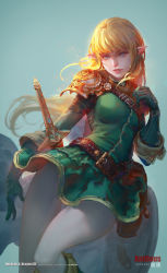 Rule 34 | 1girl, antilous, armor, bad leg, belt, belt pouch, black gloves, blonde hair, blue background, blue eyes, boots, braid, brown footwear, dungeons &amp; dragons, dungeons &amp; dragons: shadow over mystara, elbow gloves, elf, gloves, green skirt, highres, knee boots, long hair, looking at viewer, lucia (d&amp;d), pointy ears, pouch, sheath, sheathed, shoulder armor, skirt, solo, standing, sword, very long hair, weapon