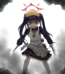Rule 34 | 1girl, angry, apron, backlighting, black hair, blue archive, blunt bangs, broken wall, c/h, commentary, crying, crying with eyes open, demon girl, demon horns, english commentary, furious, fuuka (blue archive), headpiece, horns, kitchen knife, knife in mouth, long hair, long sleeves, looking at viewer, mouth hold, one piece, parody, pleated skirt, red eyes, school uniform, serafuku, sidelocks, skirt, solo, streaming tears, tears, triple wielding, twintails, v-shaped eyebrows