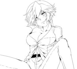 Rule 34 | 1girl, atlus, blush, breasts, cleavage, greyscale, large breasts, monochrome, off shoulder, open clothes, open shirt, persona, persona 4, shirogane naoto, shirt, short hair, solo, spread legs, suta furachina