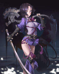 Rule 34 | 1girl, :&gt;, alternate hairstyle, axe, breasts, dual wielding, fate/grand order, fate (series), fingerless gloves, gauntlets, gloves, highres, holding, holding sword, holding weapon, impossible clothes, katana, long hair, minamoto no raikou (fate), oversized object, purple eyes, rabbit (tukenitian), short hair, solo, sword, tassel, very long hair, weapon, aged down