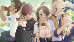 Rule 34 | 1boy, 3girls, absurdres, ahoge, arven (pokemon), black socks, blurry, blush, braid, brown eyes, brown hair, closed mouth, collared shirt, commentary request, creatures (company), day, depth of field, eating, food, game freak, glasses, hands up, highres, holding, hood, hoodie, juliana (pokemon), knees, long hair, multicolored hair, multiple girls, necktie, nemona (pokemon), nintendo, open clothes, open vest, outdoors, pants, pantyhose, partial commentary, penny (pokemon), poke ball print, pokemon, pokemon sv, purple necktie, purple pants, purple shorts, round eyewear, sandwich, school uniform, shirt, shorts, sitting, smile, socks, two-tone hair, unu (uacj3434), vest