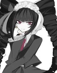Rule 34 | 1girl, anjeu (uuci925), black hair, blunt bangs, celestia ludenberg, center frills, danganronpa: trigger happy havoc, danganronpa (series), drill hair, earrings, frills, gothic lolita, hand up, jacket, jewelry, lolita fashion, long hair, long sleeves, looking at viewer, necktie, pale skin, red eyes, red necktie, shirt, simple background, smile, solo, twin drills, twintails, white background, white shirt