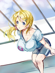 Rule 34 | 10s, 1girl, ajishio, ayase eli, bike shorts, blonde hair, blue eyes, breasts, cleavage, clothes writing, hair ornament, hairclip, large breasts, long hair, love live!, love live! school idol festival, love live! school idol project, parted lips, ponytail, railing, shirt, solo, t-shirt