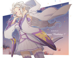 Rule 34 | animal ears, bare shoulders, blunt bangs, blush, border, borrowed clothes, braid, breasts, cape, cleavage, cloud, commentary, confetti, cowboy shot, crying, crying with eyes open, dated, detached sleeves, dress, emilia (re:zero), english text, fake animal ears, floating cape, floating hair, french braid, highres, long hair, low-tied long hair, medium breasts, miniskirt, pleated skirt, pointy ears, purple eyes, re:zero kara hajimeru isekai seikatsu, shake sawa, silver hair, skirt, sky, smile, solo, standing, tears, thighhighs, twilight, white cape, white dress, white thighhighs