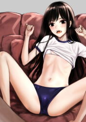Rule 34 | 1girl, black eyes, black hair, blood alone, blue buruma, blush, bra, breasts, buruma, cameltoe, clothes lift, couch, fangs, feet out of frame, gym shirt, hands up, long hair, misaki minato, navel, on couch, open mouth, paid reward available, ribs, shirt, shirt lift, sitting, small breasts, solo, spread legs, string bra, takano masayuki, thighs, underwear, vampire, white bra, white shirt