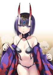 Rule 34 | 1girl, 47agdragon, :o, black panties, breasts, collarbone, cowboy shot, eyebrows, fate/grand order, fate (series), hair ornament, highres, horns, japanese clothes, kimono, looking at viewer, navel, oni, open mouth, panties, purple eyes, purple hair, short hair, shuten douji (fate), shuten douji (first ascension) (fate), signature, skin-covered horns, small breasts, solo, underwear, undressing, wide sleeves