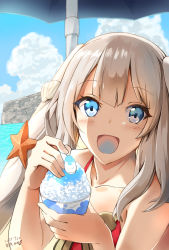 Rule 34 | 1girl, 2017, :d, beach, blue eyes, blue sky, blush, cloud, collarbone, dated, day, fate/grand order, fate (series), food, hair ornament, highres, holding, holding spoon, kurihara kazuake, long hair, marie antoinette (fate), marie antoinette (swimsuit caster) (first ascension) (fate), open mouth, outdoors, shaved ice, silver hair, sky, smile, solo, spoon, twintails, upper body