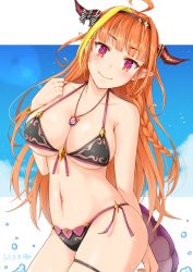 Rule 34 | 1girl, ahoge, arm behind back, bikini, black bikini, blonde hair, blue sky, blush, bow, bowtie, braid, breasts, closed mouth, dated, dragon horns, dragon tail, gecotan, hairband, halterneck, hand up, head tilt, hololive, horn bow, horn ornament, horns, jewelry, kiryu coco, large breasts, letterboxed, long hair, looking at viewer, multicolored hair, navel, orange hair, pendant, pointy ears, purple tail, red eyes, side-tie bikini bottom, signature, single braid, skindentation, sky, solo, stomach, streaked hair, string bikini, striped bow, striped bowtie, striped clothes, swimsuit, tail, thigh strap, virtual youtuber, water, water drop