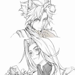 2boys animal_ears closed_mouth cloud_strife dog_ears final_fantasy final_fantasy_vii hand_on_another&#039;s_chin long_hair looking_at_another male_focus multiple_boys multiple_views parted_bangs sapulaisimie sephiroth short_hair slit_pupils spiked_hair watermark weibo_watermark yaoi