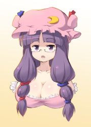 Rule 34 | 1girl, bespectacled, blueberry (5959), breasts, cleavage, crescent, female focus, glasses, gradient background, hat, large breasts, long hair, patchouli knowledge, purple eyes, purple hair, solo, touhou