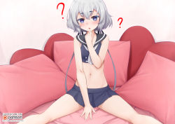 Rule 34 | 1girl, ?, bare shoulders, bed, bed sheet, between legs, black ribbon, blue eyes, blush, dot nose, empty eyes, feet out of frame, female focus, fingernails, hair ornament, hair ribbon, hand between legs, hand to own mouth, konno junko, long twintails, looking at viewer, midriff, miniskirt, navel, on bed, open mouth, patreon logo, patreon username, pillow, pleated skirt, ribbon, sailor collar, short hair, silver hair, sitting, skirt, sleeveless, smile, solo, spread legs, twintails, vahn yourdoom, watermark, web address, zombie land saga