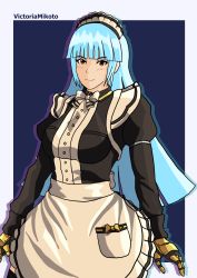 Rule 34 | 1girl, absurdres, apron, blue hair, cosplay, highres, kula diamond, maid, maid apron, maid headdress, red eyes, ribbon, self-upload, snk, the king of fighters, victoria mikoto
