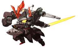 Rule 34 | beam saber, chibi, clenched hands, extra arms, from behind, glowing, glowing eye, gundam, gundam wing, gundam wing dual story: g-unit, highres, holding, holding sword, holding weapon, hydra gundam, looking back, mecha, orange eyes, robot, solo, susagane, sword, thrusters, weapon, white background