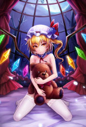 Rule 34 | 1girl, absurdres, bare tree, bat (animal), blonde hair, blue flower, blue rose, bow, choker, covering privates, crystal, curtains, eyebrows, eyelashes, flandre scarlet, flower, frills, full body, full moon, glowing, hair between eyes, hat, hat flower, hat ribbon, highres, holding, indoors, kneeling, light particles, looking at viewer, mob cap, moon, naojiang tangyuan, night, night sky, no shoes, nude, on bed, one side up, red bow, red eyes, red flower, red ribbon, red rose, ribbon, rose, sky, smile, solo, stuffed animal, stuffed toy, teddy bear, thighhighs, touhou, tree, white hat, white thighhighs, wings