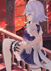 Rule 34 | 1girl, apron, back bow, blue dress, blue eyes, bow, braid, breasts, collared shirt, commentary request, dress, frilled apron, frilled dress, frills, full moon, grey hair, highres, holster, indoors, izayoi sakuya, knife, kuma xylocopa, legs, looking at viewer, looking back, maid, maid headdress, medium breasts, moon, night, puffy short sleeves, puffy sleeves, red moon, scarlet devil mansion, shirt, short sleeves, solo, stairs, thigh holster, thigh strap, thighhighs, touhou, twin braids, waist apron, waist bow, white apron, white bow, white shirt, white thighhighs, wind