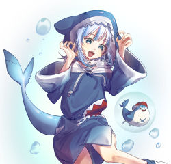 Rule 34 | 1girl, animal hood, blue eyes, blue hoodie, blue nails, claw pose, fangs, fins, fish tail, gawr gura, gawr gura (1st costume), grey hair, highres, hololive, hololive english, hood, hoodie, long sleeves, looking at viewer, medium hair, multicolored hair, nail polish, open mouth, plus no p, shark hood, shark tail, smile, solo, tail, virtual youtuber