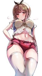 Rule 34 | 1girl, atelier (series), atelier ryza, atelier ryza 1, bad id, bad twitter id, bare shoulders, beret, blush, breasts, brown eyes, brown hair, camisole, commentary request, frown, hair ornament, hairclip, hat, highres, large breasts, looking at viewer, midriff, monochrome, navel, red shorts, reisalin stout, sak (lemondisk), shiny clothes, shiny skin, short shorts, shorts, sleeveless, smile, solo, stomach, sweat, sweatdrop, thighhighs, thighs, white background, white thighhighs