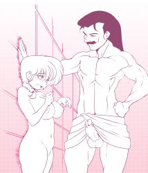 Rule 34 | 1girl, age difference, black hair, blush, braid, braided ponytail, breasts, cowboy shot, embarrassed, erection, facial hair, functionally nude, genderswap, genderswap (mtf), groin, hair over shoulder, hand on own hip, height difference, highres, legs, long braid, long hair, looking at another, medium breasts, monochrome, muscular, muscular male, mustache, nipples, nude, open mouth, penis, penis out, pointing, pointing at penis, ranma-chan, ranma 1/2, saotome ranma, single braid, smile, standing, tendou souun, thighs, tile wall, tiles, towel, uncensored, white hair, yashiro a. marino