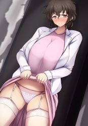 Rule 34 | 10s, 1girl, akiyama yoshiko, blurry, blurry background, blush, brown eyes, closed mouth, clothes lift, commentary, crotch seam, dated, dress, dutch angle, frown, garter straps, girls und panzer, jacket, lifted by self, long sleeves, looking at viewer, mature female, medium dress, multiple girls, panties, pink dress, pink panties, pink thighhighs, short hair, skindentation, skirt, skirt lift, solo, standing, thighhighs, underwear, wavy hair, white jacket, yuzumiya mono