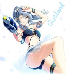 Rule 34 | 1girl, alternate costume, bikini, blue bikini, blue eyes, blue hair, blush, breasts, character name, flower, gotland (kancolle), gradient background, hair between eyes, hair flower, hair ornament, huyukaaki, kantai collection, long hair, looking at viewer, open mouth, small breasts, smile, solo, swimsuit, water gun, white flower
