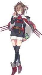 Rule 34 | 1girl, belt, belt buckle, black thighhighs, blue eyes, box, brown belt, brown hair, buckle, capelet, closed mouth, full body, gift, gift box, hair between eyes, holding, holding gift, kantai collection, konishi (koconatu), machinery, medium hair, official art, ponytail, red capelet, red ribbon, ribbon, rigging, rudder footwear, santa costume, sheffield (kancolle), solo, thighhighs, transparent background, turret