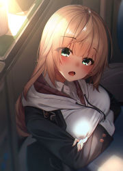 Rule 34 | 1girl, bad id, bad pixiv id, blonde hair, blush, breasts, buttons, collared shirt, commentary request, crossed arms, green eyes, hair between eyes, highres, hood, hood down, hoodie, jacket, large breasts, long hair, long sleeves, looking at viewer, open clothes, open mouth, original, rerrere, school uniform, shirt, solo, uniform