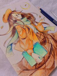 Rule 34 | 1girl, art tools in frame, autumn leaves, beret, black eyes, brown hair, brown skirt, closed mouth, colored pencil (medium), commentary, crescent moon, dutch angle, english commentary, falling leaves, freckles, from side, green scarf, hat, highres, holding, holding sketchbook, hoshi-pan, inktober, jacket, leaf, light frown, long hair, long skirt, long sleeves, moon, open clothes, open jacket, orange headwear, orange jacket, original, outstretched hand, photo (medium), puffy long sleeves, puffy sleeves, scarf, shirt, sketchbook, skirt, traditional media, white shirt