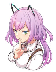 Rule 34 | 1girl, animal ears, aqua eyes, assault lily, belt, blue eyes, bow, bowtie, breasts, brown belt, cat ears, collared shirt, commentary request, cropped torso, fake animal ears, finger to mouth, from side, green eyes, hand up, index finger raised, long hair, long sleeves, looking at viewer, looking to the side, low twintails, medium breasts, multicolored eyes, parted lips, pink bow, pink bowtie, pink hair, shirt, simple background, smile, solo, toda eulalia kotohi, tsukinami kousuke, twintails, upper body, v-shaped eyebrows, white background, white shirt