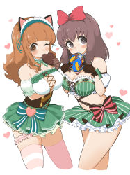 Rule 34 | 2girls, absurdres, animal ears, arm under breasts, bare legs, blush, bow, breast hold, breasts, bridal garter, brown eyes, brown hair, candy, chocolate, chocolate heart, cleavage, crop top, detached collar, detached sleeves, fake animal ears, food, frilled hairband, frilled skirt, frilled sleeves, frills, girls und panzer, green bow, green skirt, hair bow, hairband, heart, heart-shaped pupils, highres, holding, holding food, kondou taeko, large breasts, long hair, multiple girls, navel, one eye closed, open mouth, pink legwear, pink scrunchie, puffy short sleeves, puffy sleeves, red bow, scrunchie, short sleeves, simple background, skirt, smile, standing, striped clothes, striped legwear, striped thighhighs, symbol-shaped pupils, takebe saori, thigh scrunchie, thighhighs, white background, yabai gorilla, zettai ryouiki