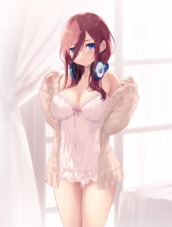 Rule 34 | 1girl, blue eyes, breasts, brown hair, cait aron, commentary, go-toubun no hanayome, hair between eyes, headphones, headphones around neck, highres, indoors, large breasts, long hair, long sleeves, looking at viewer, nakano miku, no pants, off shoulder, parted lips, sleeves past wrists, solo, thigh gap, window
