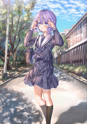 Rule 34 | 1girl, @ @, aldehyde, arms up, bag, black serafuku, black shirt, black skirt, black socks, blue eyes, blue sky, blush, building, cloud, commentary request, day, feet out of frame, hair between eyes, hair ornament, hairclip, highres, kneehighs, lamppost, long sleeves, looking at viewer, original, outdoors, parted lips, purple hair, railing, sailor collar, school bag, school uniform, serafuku, shirt, skirt, sky, socks, solo, tree, white sailor collar, white shirt, window