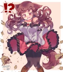 Rule 34 | 1girl, @ @, animal ears, blush, boots, brooch, brown footwear, brown hair, clothes lift, dress, fang, highres, imaizumi kagerou, jewelry, kemo chiharu, leaf, long hair, long sleeves, off-shoulder dress, off shoulder, pantyhose, red eyes, simple background, skirt, skirt lift, solo, tail, touhou, white dress, wind, wind lift, wolf ears, wolf tail