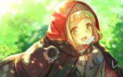 Rule 34 | 1girl, :d, blonde hair, cape, dress, flower, grass, hair between eyes, holding, holding flower, long hair, long sleeves, looking at viewer, lying, on stomach, open mouth, outstretched arms, red cape, red dress, red riding hood (sinoalice), shadow, sinoalice, smile, solo, teroru, white flower, yellow eyes