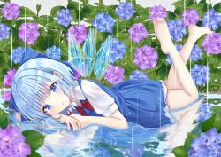 Rule 34 | bad id, bad pixiv id, barefoot, blue dress, blue eyes, blue hair, bow, bowtie, cirno, commentary, day, dress, flower, glint, hair ribbon, head on arm, hydrangea, in water, leg lift, looking at viewer, lying, nibosi, on back, on stomach, outdoors, overcast, pinafore dress, puddle, puffy short sleeves, puffy sleeves, rain, red bow, red bowtie, reflection, ribbon, ripples, shirt, short hair, short sleeves, sky, sleeveless, sleeveless dress, solo, the pose, touhou, water drop, white shirt, wings