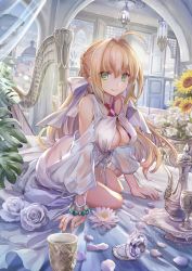 Rule 34 | 1girl, ahoge, arm support, blonde hair, braid, breasts, chalice, cleavage, closed mouth, criss-cross halter, cup, dutch angle, fate/grand order, fate (series), flower, front-tie top, green eyes, hair between eyes, hair intakes, hair ribbon, halterneck, harp, highres, indoors, instrument, large breasts, light particles, long hair, looking at viewer, nero claudius (fate), nero claudius (fate) (all), nero claudius (swimsuit caster) (fate), nero claudius (swimsuit caster) (third ascension) (fate), petals, ribbon, sitting, smile, solo, sunflower, torino aqua, yokozuwari