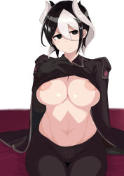 Rule 34 | 1girl, absurdres, areola slip, black eyes, black hair, black pants, breasts, cloak, clothes lift, coat, crotch, empty eyes, gloves, hair between eyes, hand on own chest, highres, inverted nipples, jacket, large breasts, looking at viewer, made in abyss, midriff, multicolored hair, navel, nipple slip, nipples, no humans, open clothes, open jacket, ozen, pants, shirt lift, short hair, sitting, skin tight, smile, thighs, tight clothes, tight pants, two-tone hair, white hair, yaguchiyuki