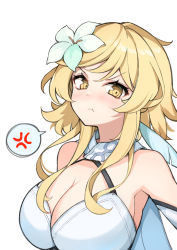 Rule 34 | 1girl, :t, anger vein, bad id, bad pixiv id, bare shoulders, blonde hair, breasts, cleavage, dress, feather hair ornament, feathers, flower, frown, genshin impact, hair flower, hair ornament, highres, large breasts, looking at viewer, lumine (genshin impact), off-shoulder dress, off shoulder, pout, purerin, short hair with long locks, simple background, solo, spoken anger vein, white background