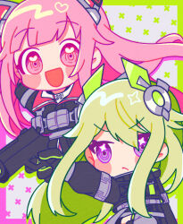 Rule 34 | 2girls, :/, :d, ammunition pouch, bad gun anatomy, black jacket, blunt bangs, blush stickers, border, chest harness, close game/offline (project sekai), closed mouth, collared jacket, commentary request, extra ears, frown, gloves, green border, green gloves, green hair, grey background, gun, hair between eyes, hair flaps, handgun, harness, headgear, heart, heart in eye, holding, holding gun, holding weapon, jacket, kusanagi nene, light green hair, long hair, long sleeves, looking ahead, looking at viewer, multicolored clothes, multicolored jacket, multiple girls, official alternate costume, official alternate hair length, official alternate hairstyle, ootori emu, open mouth, pink border, pink eyes, pouch, project sekai, red jacket, ringed eyes, robot ears, smile, symbol in eye, two-tone gloves, two-tone jacket, ui (ui 73), upper body, weapon, x