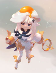Rule 34 | 1girl, black cape, black eyes, bright pupils, cape, cloud, constellation, crown, dress, egg (food), food, food on head, genshin impact, hair ornament, highres, holding, holding crown, long hair, long sleeves, looking at viewer, nieris, object on head, paimon (genshin impact), scarf, single thighhigh, solo, sunny side up egg, thighhighs, white dress, white hair, white pupils, white thighhighs