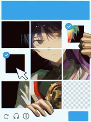 Rule 34 | 1boy, arrow (symbol), black bodysuit, black eyes, black hair, blank eyes, bodysuit, captcha, censored, checkered background, checkmark, closed mouth, cursor, eyeliner, eyeshadow, genshin impact, gold ring, headphones, highres, japanese clothes, jewelry, kariginu, kimono, layered clothes, layered kimono, makeup, mandarin collar, middle ring, mosaic censoring, multiple persona, oversleep0503, parted bangs, purple veil, red eyeliner, red eyeshadow, red trim, ring, scaramouche (genshin impact), scaramouche (kabukimono) (genshin impact), shoulder peek, solo, square, veil, wanderer (genshin impact), white kimono, white trim