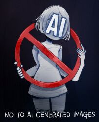 Rule 34 | 1girl, ai-generated art (topic), bad hands, bare arms, bare shoulders, black background, breasts, collarbone, colored skin, commentary, cropped legs, dress, english commentary, english text, facing viewer, feefal, gradient background, grey skin, highres, medium breasts, original, short hair, solo