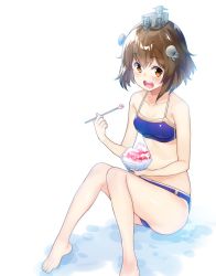 Rule 34 | 10s, 1girl, :d, amami amayu, bare arms, bare legs, bare shoulders, barefoot, bikini, blue bikini, blush, bowl, breasts, brown eyes, brown hair, collarbone, commentary request, food, halterneck, headgear, holding, holding bowl, kantai collection, knees together feet apart, looking at viewer, medium breasts, open mouth, shaved ice, short hair, simple background, sitting, small breasts, smile, solo, swimsuit, teeth, toenails, toes, upper teeth only, white background, yukikaze (kancolle)