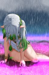 Rule 34 | 1girl, absurdres, arm support, bent over, bracelet, braid, commentary, detached sleeves, english commentary, genshin impact, gradient hair, grass, hair ornament, highres, jewelry, long hair, multicolored hair, nahida (genshin impact), pointy ears, rain, sad, short sleeves, sidelocks, single braid, solo, superbanango, thighs, wet, wet clothes