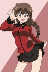 Rule 34 | 1girl, black ribbon, black skirt, braid, braided ponytail, brown eyes, brown hair, commentary, cowboy shot, epaulettes, girls und panzer, hair ornament, hair ribbon, hairclip, highres, insignia, jacket, leaning forward, long hair, long sleeves, looking at viewer, military, military uniform, miniskirt, open mouth, pink background, pleated skirt, red jacket, ribbon, rukuriri (girls und panzer), single braid, skirt, smile, solo, st. gloriana&#039;s military uniform, standing, uniform, wakku kan, waving