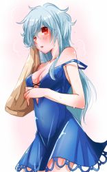 Rule 34 | 1girl, adapted costume, bad id, bad twitter id, bare shoulders, blue dress, blush, breasts, cleavage, collarbone, cowboy shot, dress, enpitsu (enpitsu 4b), gradient background, highres, impossible clothes, impossible dress, kamishirasawa keine, long hair, looking at viewer, medium breasts, open mouth, pink background, red eyes, red pupils, shiny skin, sidelocks, solo, steam, strap slip, swept bangs, thighs, touhou, towel, very long hair, wet, wet hair, white background, wiping face